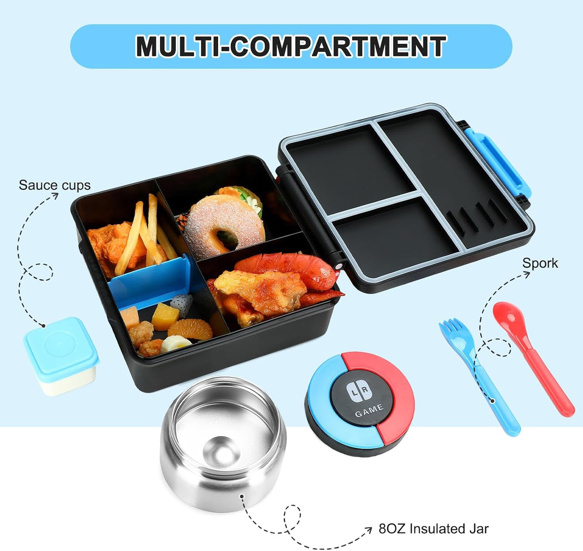 Gamer Bento Lunch Box for Kids, 60 OZ Kids Lunch Box with 8 OZ