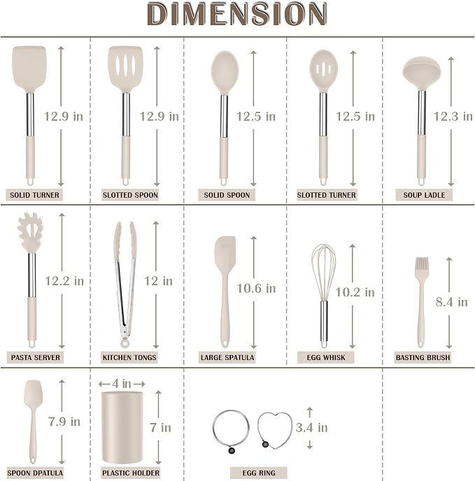 E-far Silicone Cooking Utensils Set, 14-Piece Khaki Kitchen Utensils Set - Image 2