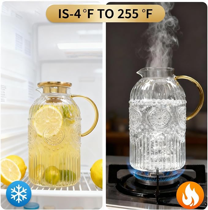Amzcku Glass Pitcher with Lid, 1 Gallon/128 oz Vintage Water Pitcher, Water - Image 5