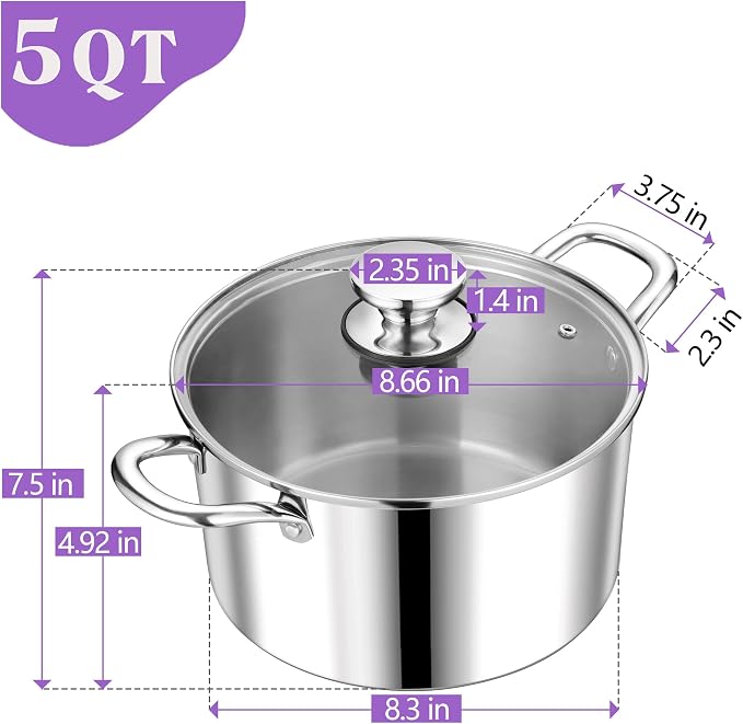 P&P CHEF 5 Quart Tri-Ply Stainless Steel Stock Pot, 5 Qt Stockpot Pasta Cooking - Image 2
