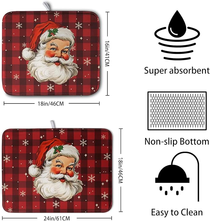 Santa Claus Christmas Dish Drying Mat Xmas Red and Black Buffalo Plaid - Image 2