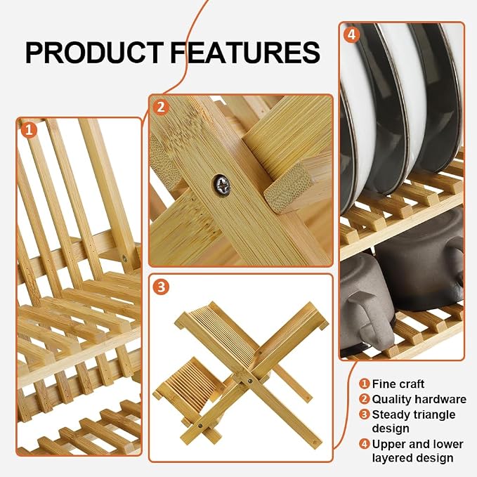 KKTONER Bamboo Dish Drying Rack 2 Tier Foldable Plate Organizer Collapsible - Image 4