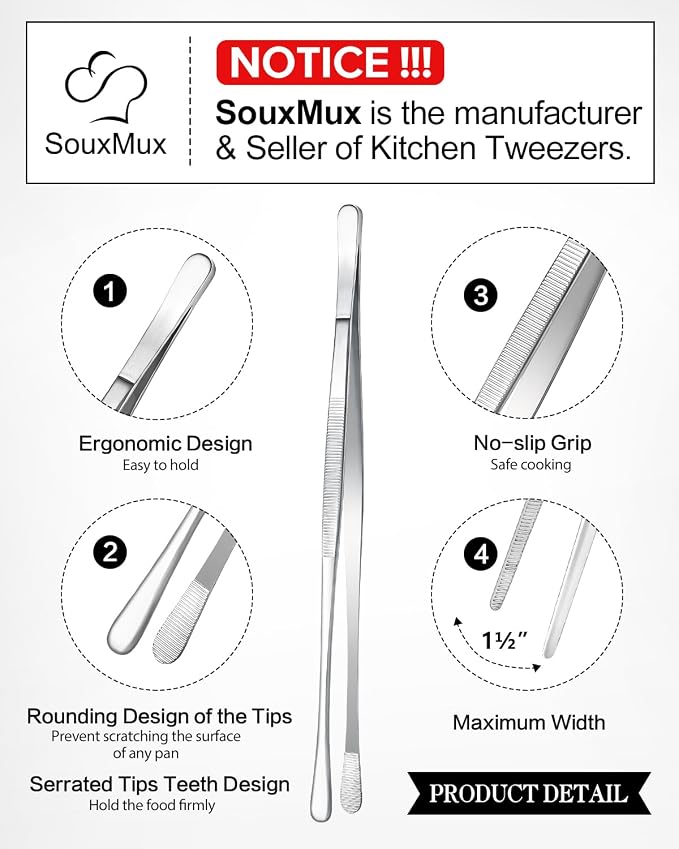 2 Pcs 10-inch Cooking Tweezers Tongs Precision Serrated Tips, Stainless Steel - Image 2