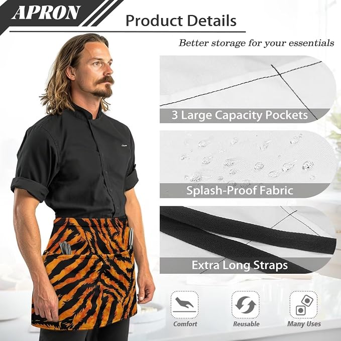 Server Apron with 3 Pockets, Waterproof Oil Waitress Waiter Half Apron - Image 6