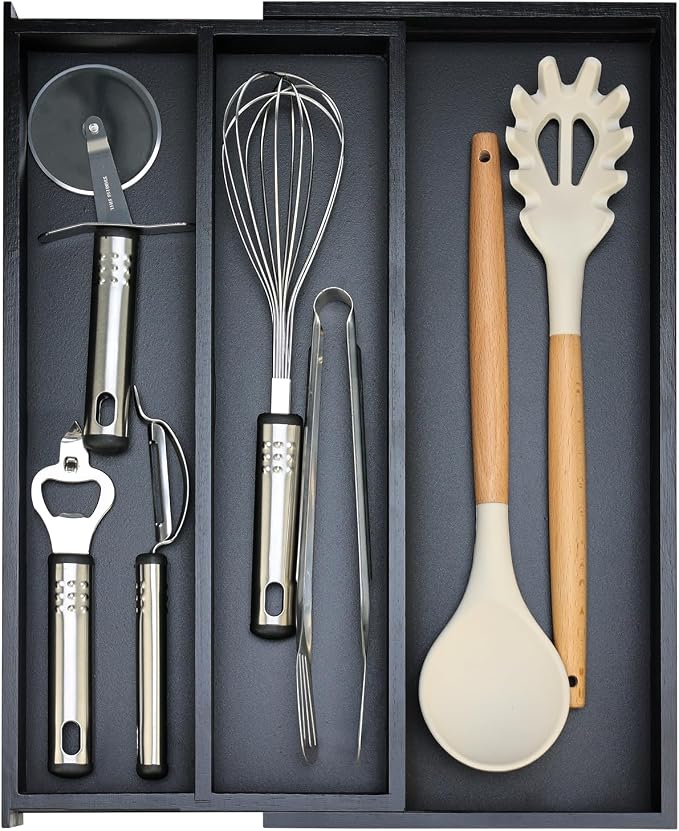 Bamboo Kitchen Tool Drawer Organizer Storage Black Cutlery Tray Expandable by Hilislog