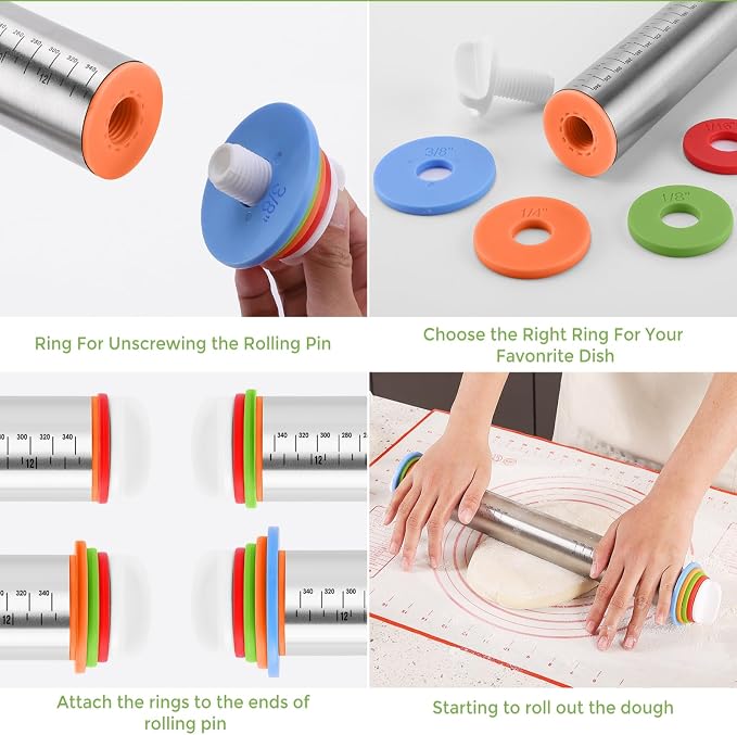 Rolling Pin nonstick and Silicone Baking Pastry Mat combo kit, Adjustable - Image 3