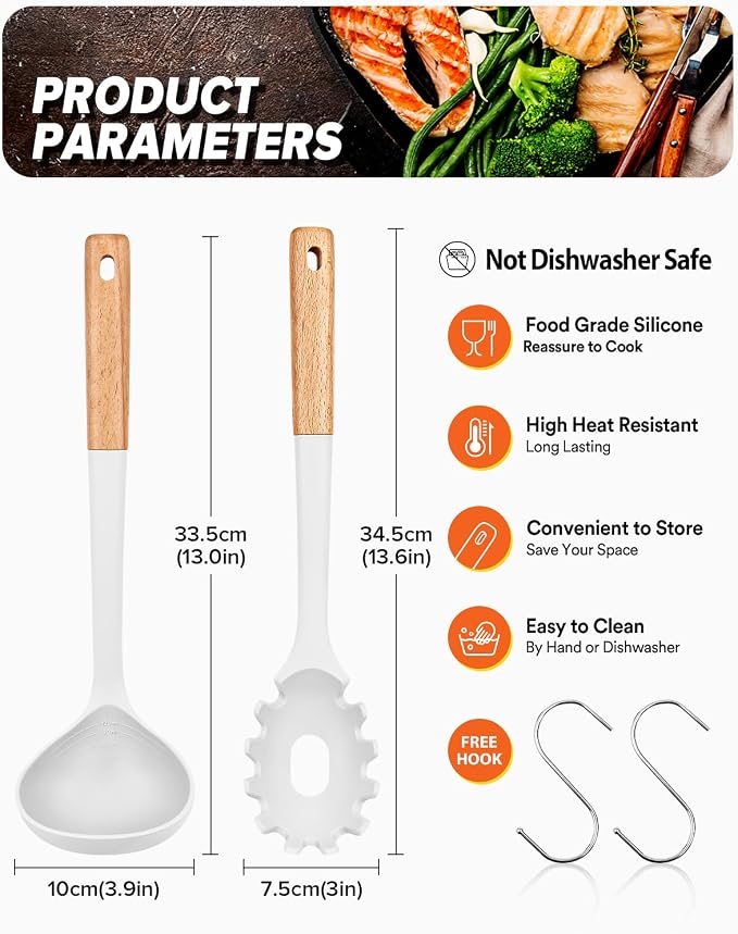 Pasta Fork and Ladle Set, and Sauce Pasta, BPA-Free Matte Silicone, Wood Handle - Image 2