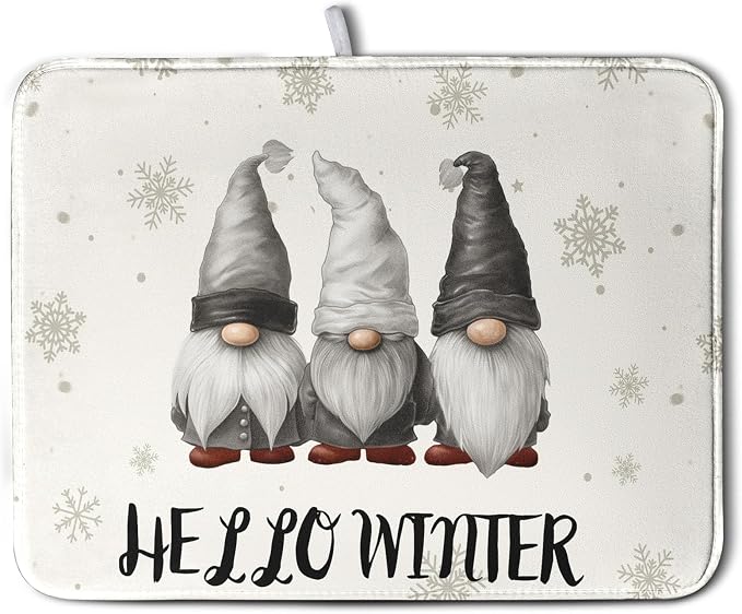Winter Gnome Dish Drying Mat for Kitchen Counter 18x24 Christmas Snowflakes by Kwlegh