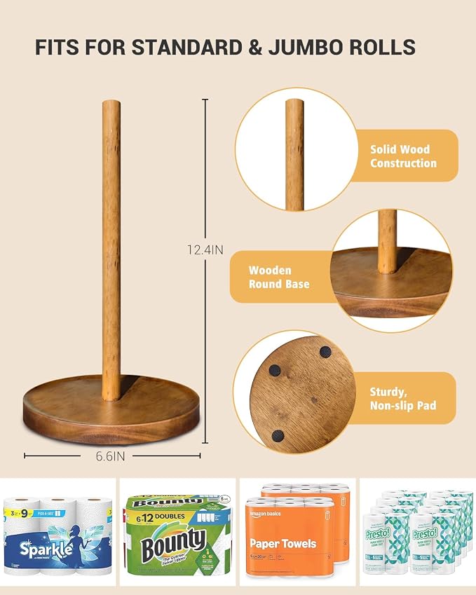 NESAPTO Paper Towel Holder Countertop, Wooden Standing Paper Towel Roll Stand - Image 3