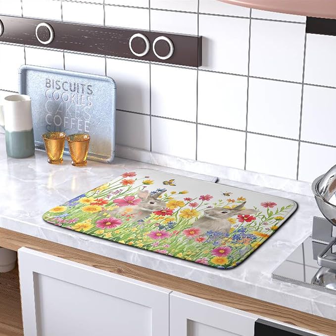 Easter Dish Drying Mat for Kitchen Counter Easter Bunny Flowers Dish Drying Pad - Image 5