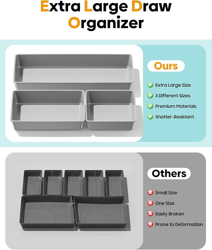 10 Pack Large Size Plastic Drawer Organizers Set, 3 Sizes Desk Drawer Organizer - Image 3