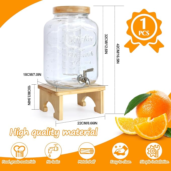 2 Gallon Drink Dispenser with Stand，Glass Beverage Dispenser With Wood Stand - Image 3