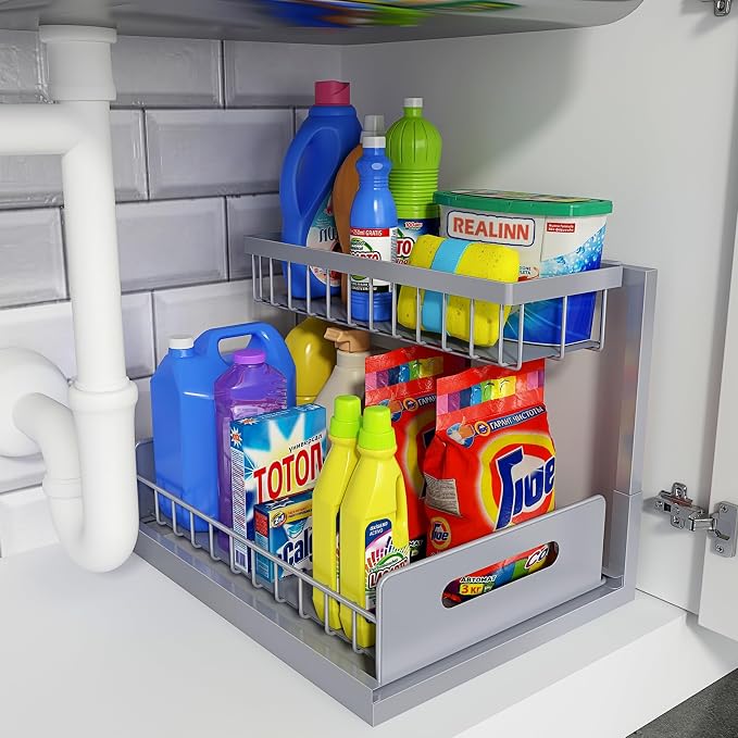 REALINN Under Sink Organizer, Pull Out Cabinet Organizer 2 Tier Slide Out Sink by REALINN