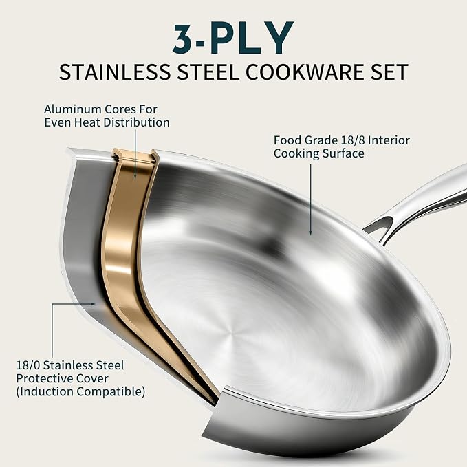3 Ply Stainless Steel Cookware Set, AIVIKI 10-Pieces Pots and Pans Set - Image 3