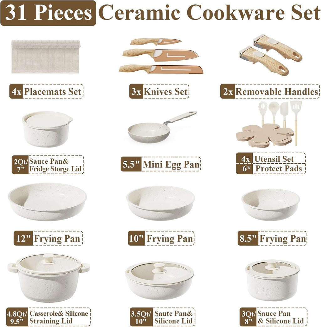 31Pcs Pots and Pans Set Non Stick Ceramic Cookware Set w/Removable
