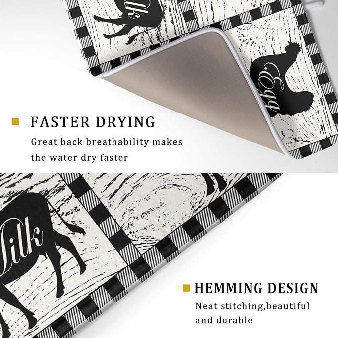 Farmhouse Animal Dish Drying Mat Buffalo Plaid Drainer Rack Mats Fast Dry - Image 3