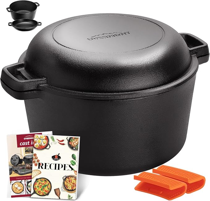 Overmont 2-in-1 Cast Iron Dutch Oven - 5QT Pre-Seasoned All-in-One Casserole by Overmont