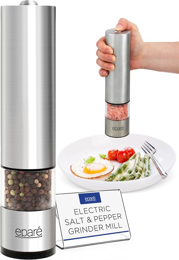 Eparé Salt or Pepper Grinder Mill Electric – Battery Operated Stainless Steel by Epare