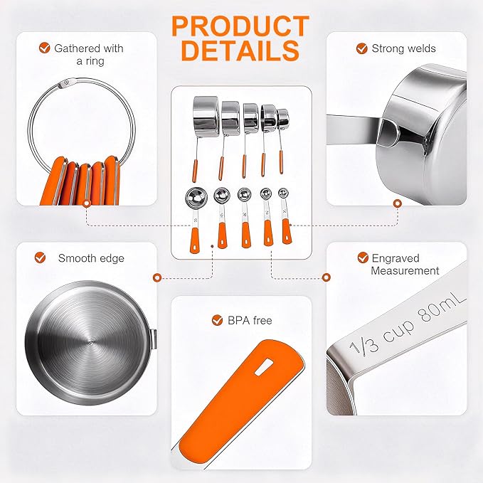 Bopei Measuring Cups and Spoons Set Stainless Steel 10 Piece - Image 3
