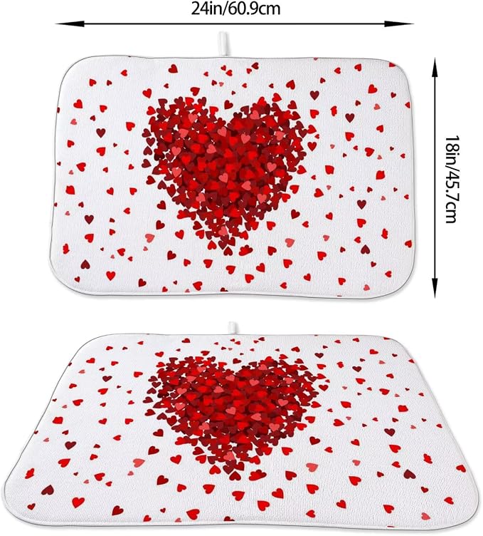 Valentines Day Dish Drying Mat 18 x 24 inch Red Hearts Decorative Drying Mats - Image 2