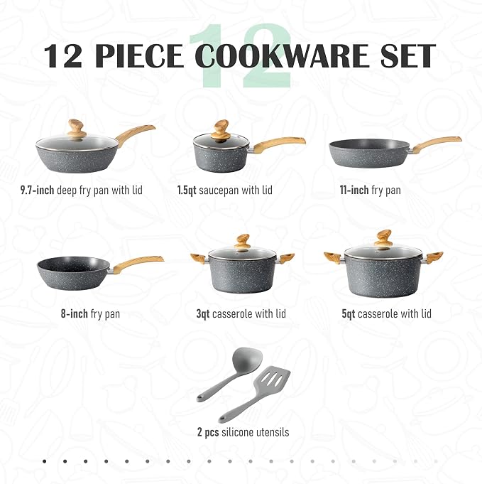 MAISON ARTS Pots and Pans Set Non Stick, 12 Piece Grey Granite Kitchen Cookware - Image 2