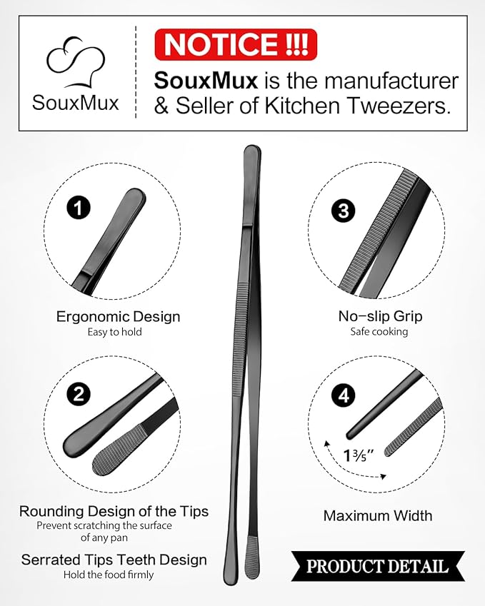 2 Pcs 12-inch Cooking Tweezers Tongs Precision Serrated Tips, Stainless Steel - Image 2