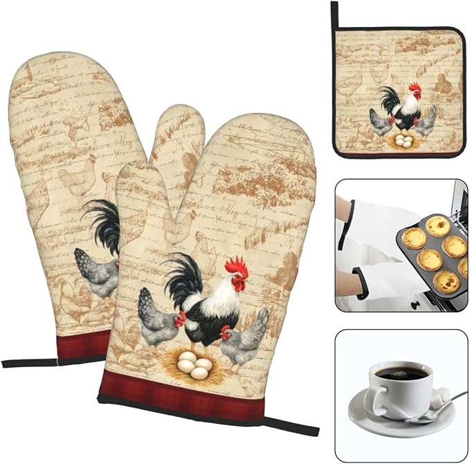 Rooster Chichen Oven Mitts and Pot Holders Sets, Cute Hot Pads Baking Gloves - Image 3