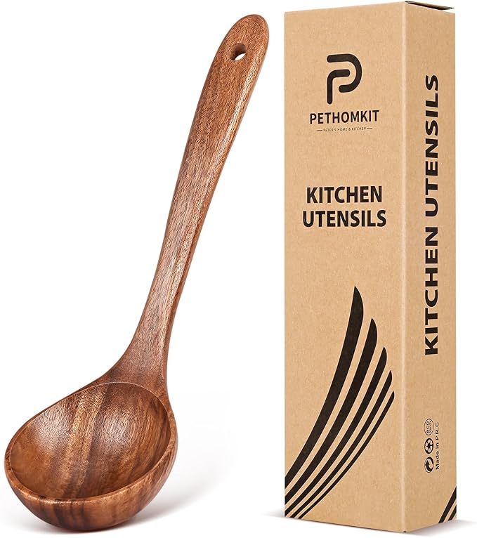 Wooden Soup Spoon for Cooking, Teak Acacia Soup Ladle, Non-Toxic Natural Wood by PETERSHOMEANDKITCHEN