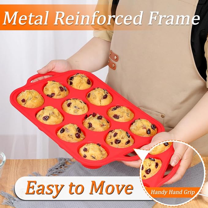 CAKETIME Silicone Muffin Pan, Metal Reinforced Frame Silicone Cupcake Pan - Image 3