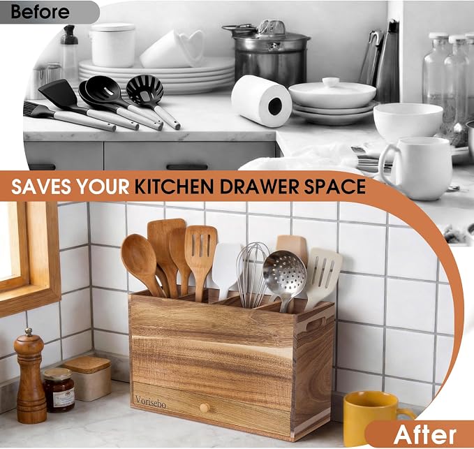 Acacia Wood Kitchen Utensil Holder - Image 4