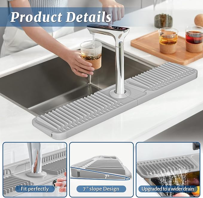 PoYang 24 inch Faucet Mat for Kitchen Sink Splash Guard, 7° Slope Silicone Sink - Image 8