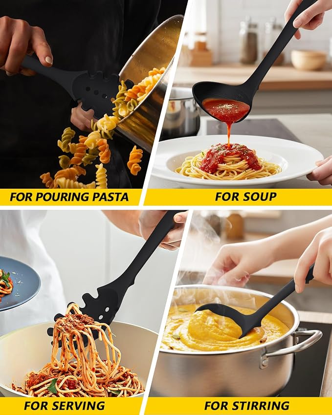 Silicone Pasta Fork and Soup Ladle Set, Heat Resistant Non Stick Kitchen - Image 5