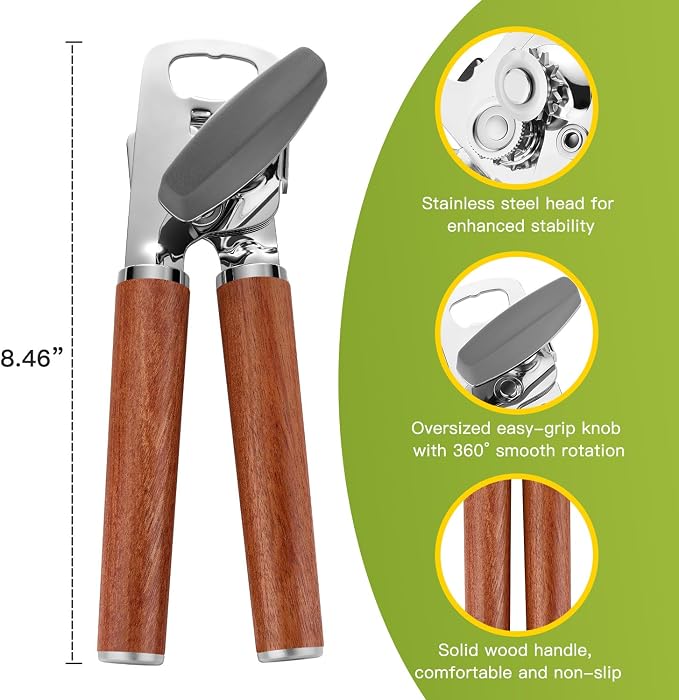 KULUNER Manual Can Opener with Solid Rosewood Handle, Large Easy-Turn Knob - Image 2