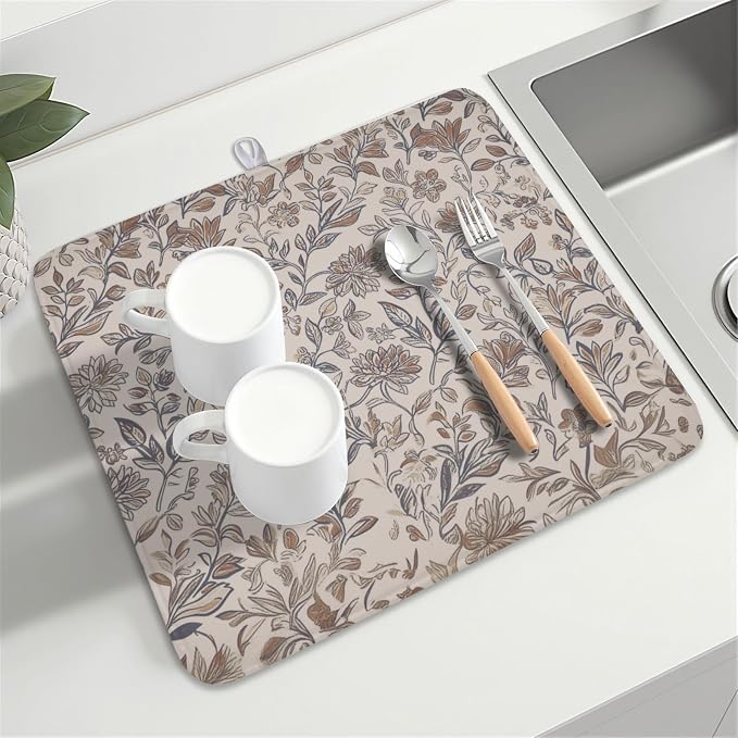 Vintage Floral Dish Drying Mat for Kitchen Counter Brown Antique Flower - Image 8