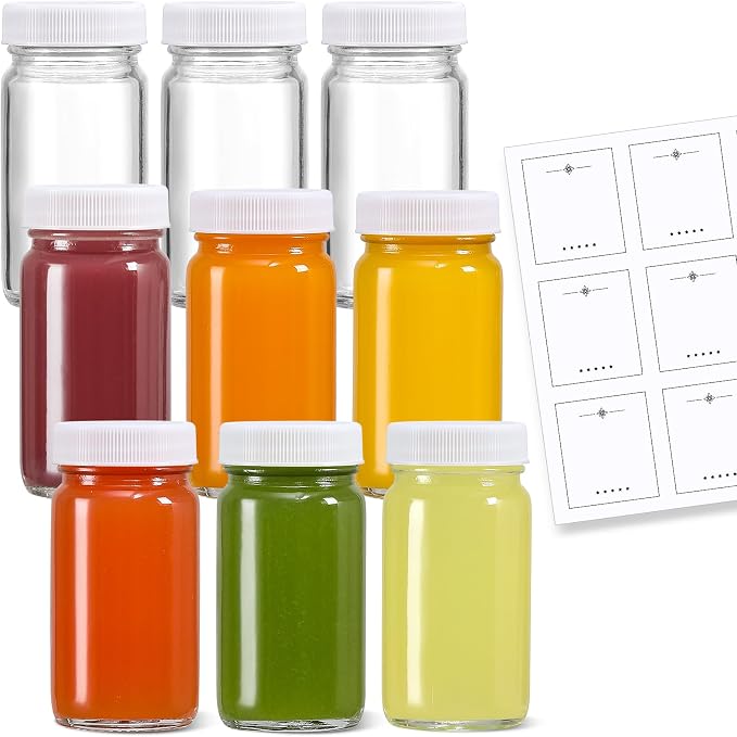 9 Pack 2 oz Glass Shot Bottles w/ White Lids & 9 Labels - Image 8