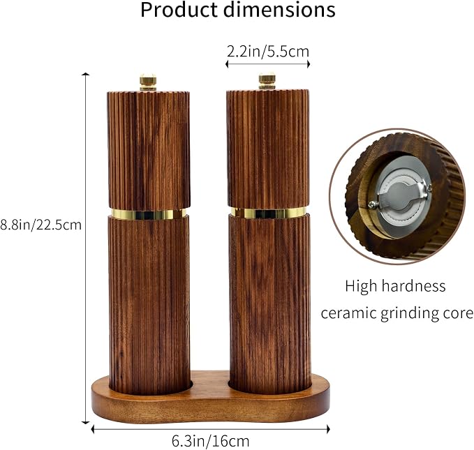 8 Inch Wooden Salt and Pepper Grinder Set, Adjustable Coarseness, Acacia Wood - Image 2