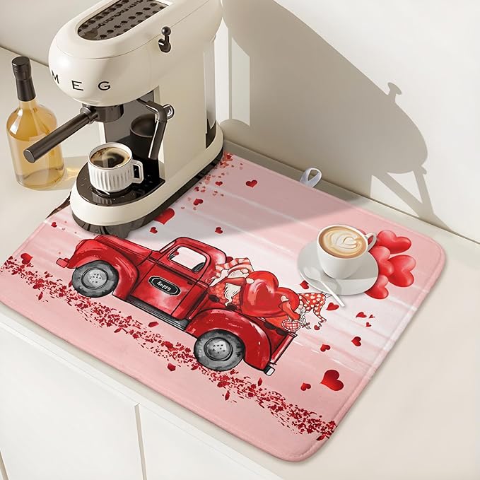 Valentine's Love Truck Dish Drying Mat, Valentine Red Gnomes Dish Drying Mat - Image 7