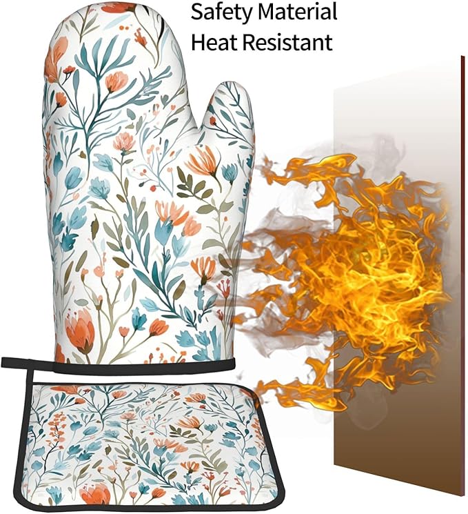 Teal Orange Watercolor Floral Oven Mitts and Pot Holders Sets of 3, Heat - Image 7