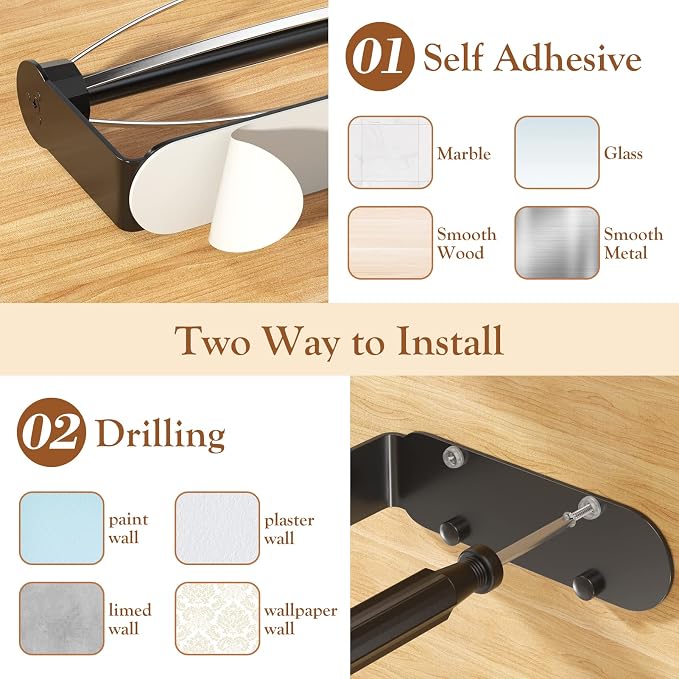 3 Pack Paper Towel Holder Under Cabinet + 2 Towel Robe Hooks, Single Hand - Image 7