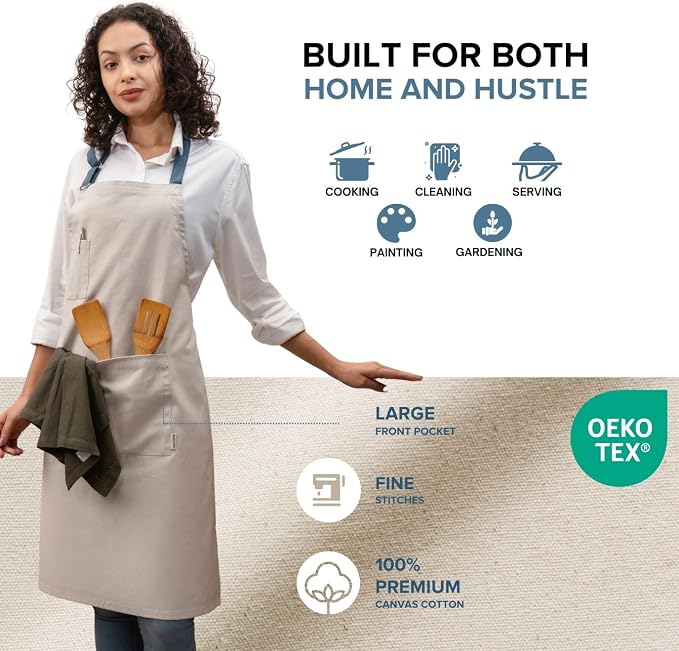 Cotton Canvas Apron for Women & Men – Adjustable Neck Strap & Waist Ties - Image 3