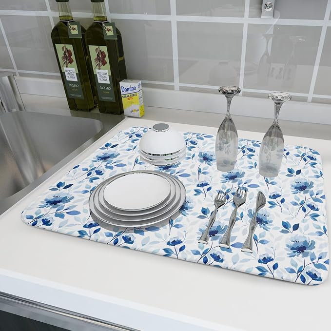 Blue Floral Dish Drying Mat 18x24 inch Flower Leaves Dish Rack Pad Microfiber - Image 6