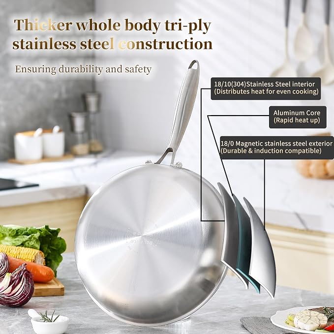 DELARLO Tri-Ply Stainless Steel Pan, 18/10 Frying Pan, Oven Safe Up to 600°F - Image 2
