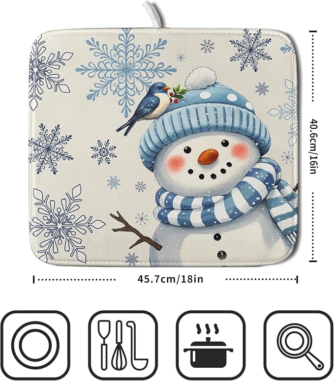 Winter Snowman Dish Drying Mat for Kitchen Counter 16x18 Blue Snowflake Bird - Image 2