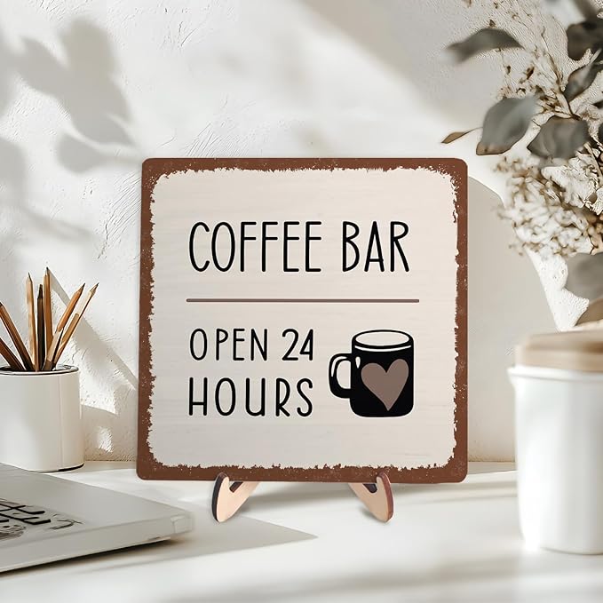 Coffee Bar Sign Plaque Decor, Coffee Bar Accessories, Rustic Wooden Tabletop - Image 3