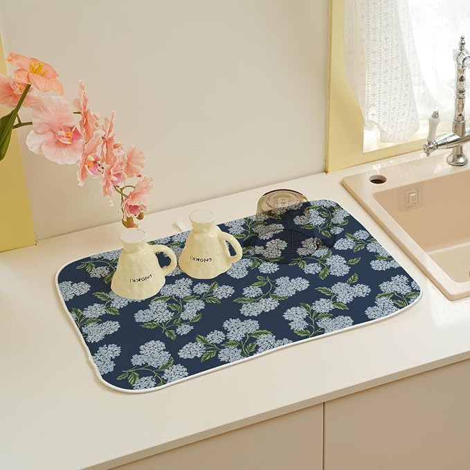 Navy Blue Dish Drying Mat 18x24 Inch Blue Green Vintage Floral Hydrangea Flower - Image 6