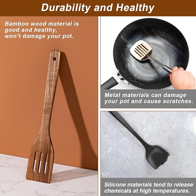 Eisinly Wooden Spoons for Cooking 7-Piece, Kitchen Nonstick Wood Cooking - Image 6