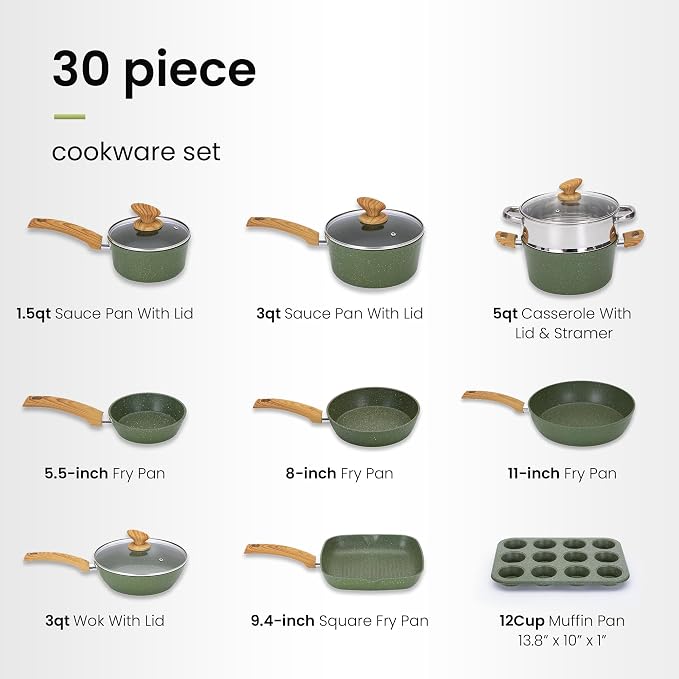 DishDelight Green Pots and Pans Set Non Stick, 30 Piece Induction Kitchen - Image 7