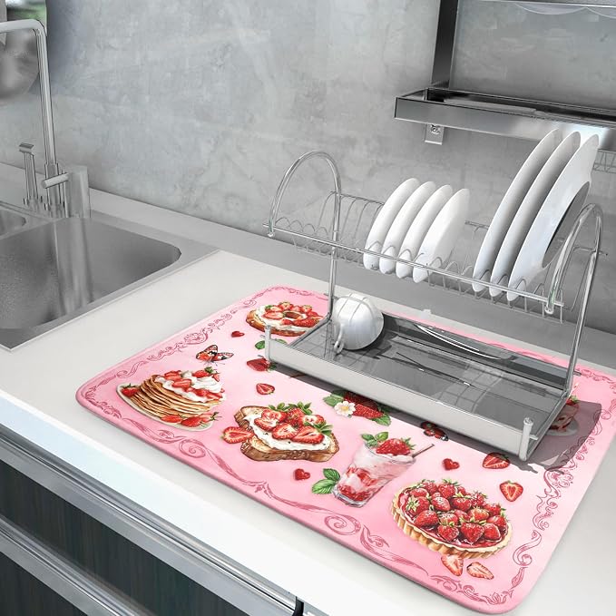 Strawberry Dish Drying Rack Mat Pink Absorbent Microfiber Dish Drying Mat - Image 5