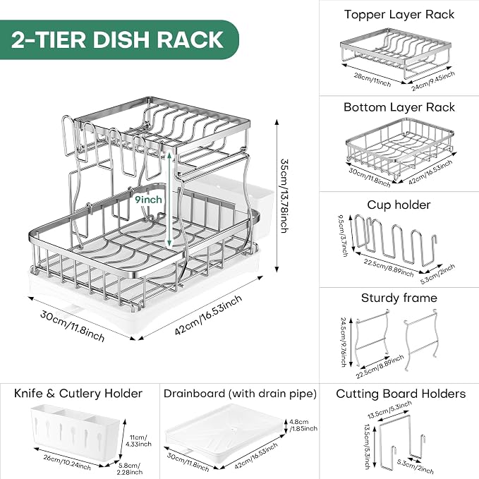 2 Tier Dish Drying Rack, Stainless Steel Dish Rack - Image 8