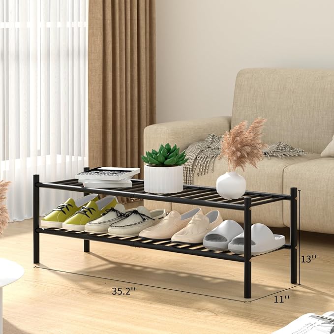 ROMGUAR CRAFT 2-Tier Bamboo Long Shoe Rack, Free Standing Wood Shoe Shelf - Image 3